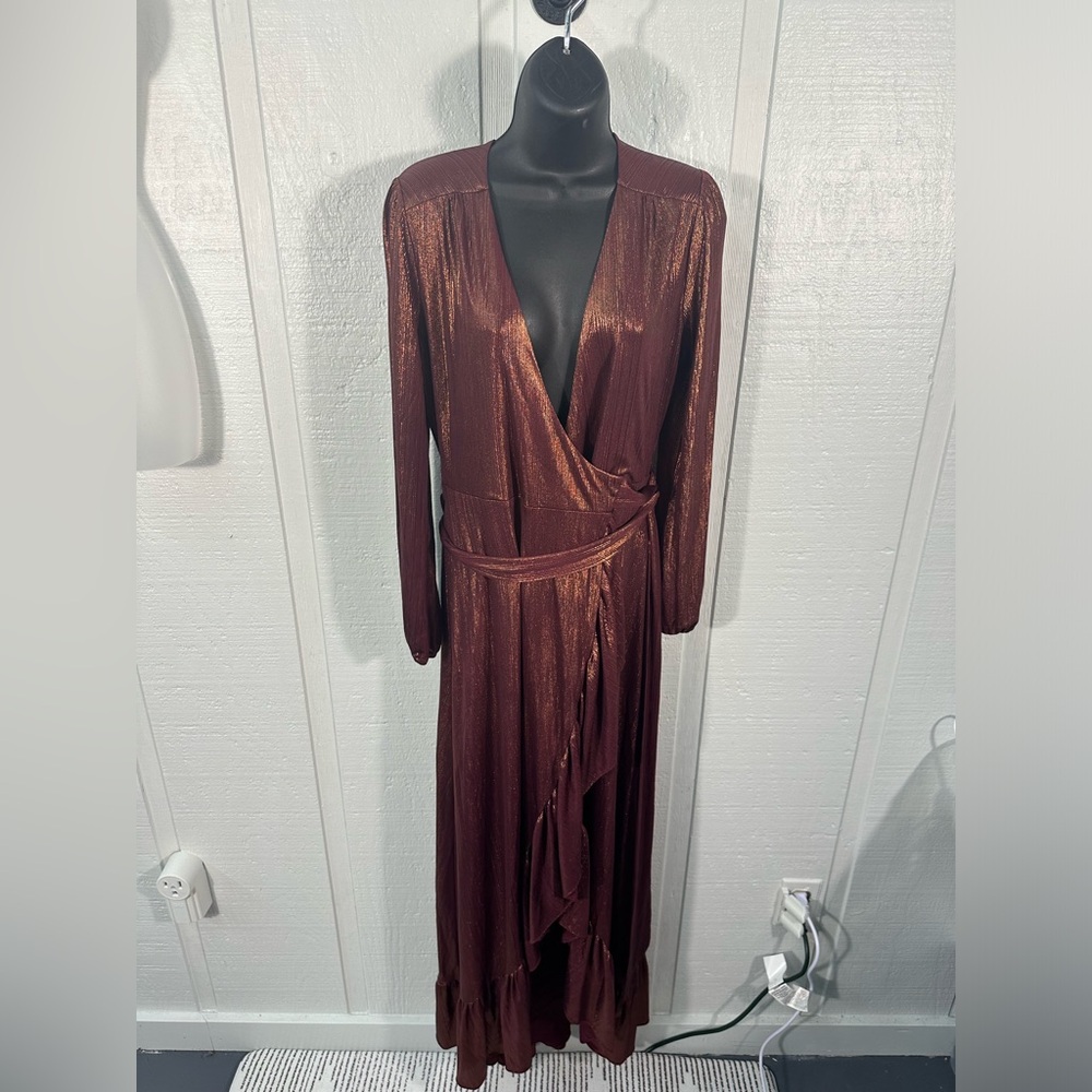 WAYF Women’s Meryl Long-Sleeve V Neck Metallic Wrap Long Sleeve Dress SZ XS NWT - Picture 2 of 14